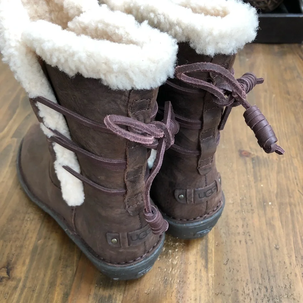 UGG Brown Leather Shearling-Lined Winter Boots